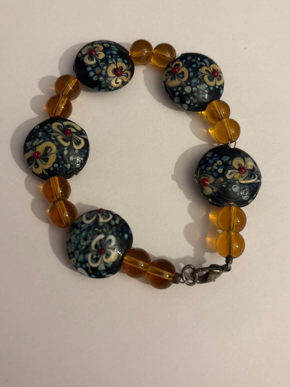 Vintage Lampwork Glass Floral Bead Bracelet 7.25”